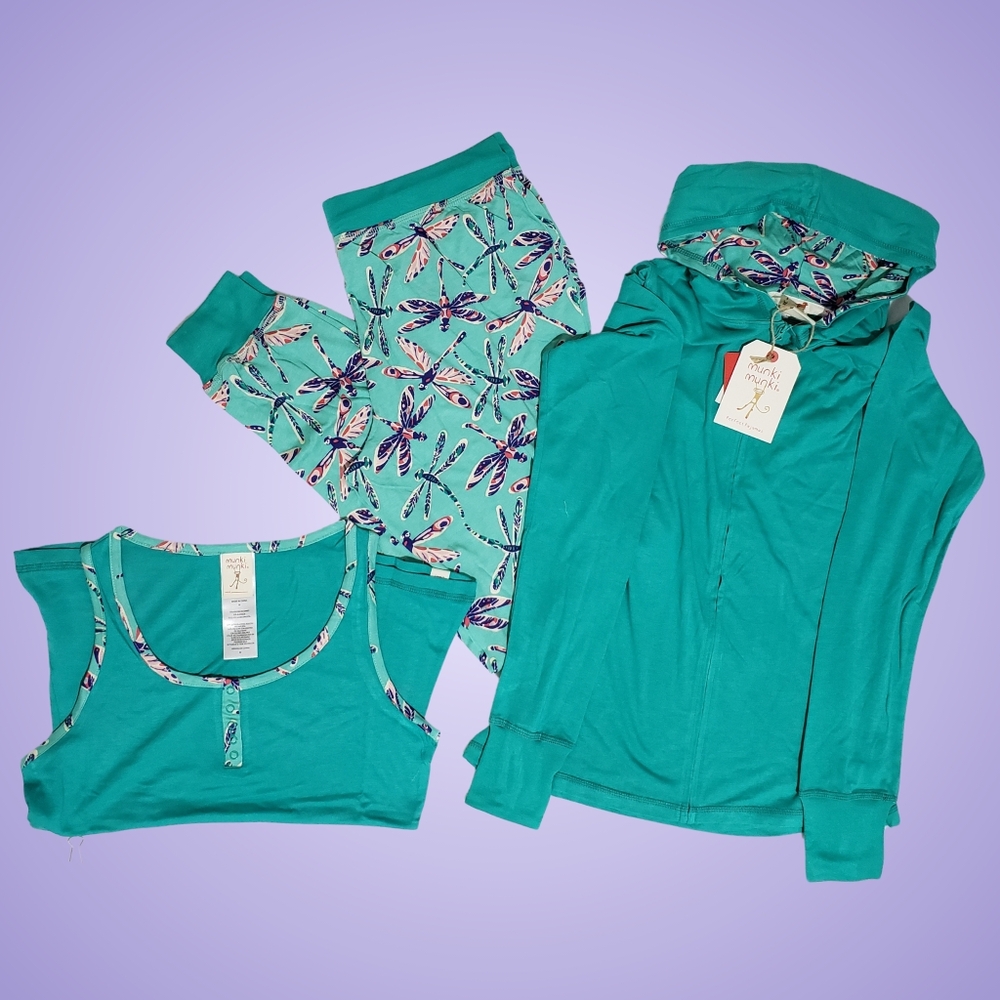 Munki Munki Lounge Set Joggers, Tank, Hoodie 3-Piece Teal Dragonfly Jersey Knit